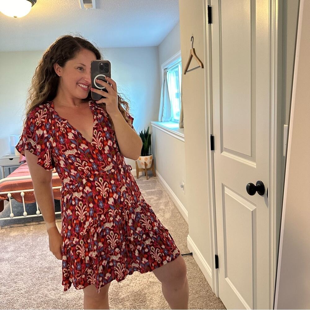 Anthropologie Red Burgundy Ikat Floral Mini Dress Small - Picture 4 of 11